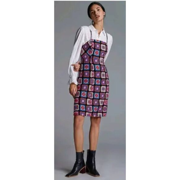 Anthropologie Crochet Look Granny Square Blk Prpl/Blu/Pink Dress, NWT, Sz. 0 - Picture 2 of 10